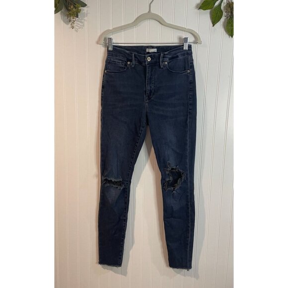 Good American Womens Distressed Skinny Jeans Size 8/29 Blue Raw Hem Cotton Blend - Picture 1 of 15